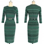 2017 New Free Shipping Summer/Autumn Neck Graceful Sleeve Striped Belt Received Pockets Digital Printing Pencil Dress Green