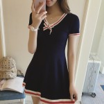 2017 New Preppy Style Dark Blue Knitting Dress Bow V-neck Short Sleeve Cute Dresses Preppy Student Uniforms Lolita Dresses