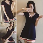 2017 New Preppy Style Dark Blue Knitting Dress Bow V-neck Short Sleeve Cute Dresses Preppy Student Uniforms Lolita Dresses