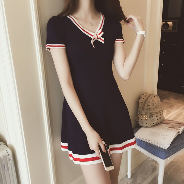 2017 New Preppy Style Dark Blue Knitting Dress Bow V-neck Short Sleeve Cute Dresses Preppy Student Uniforms Lolita Dresses