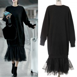 2017 New Solid Color O Neck Cotton Long Dress Trumpet Dress Long Sleeve Mesh Splicing Dress