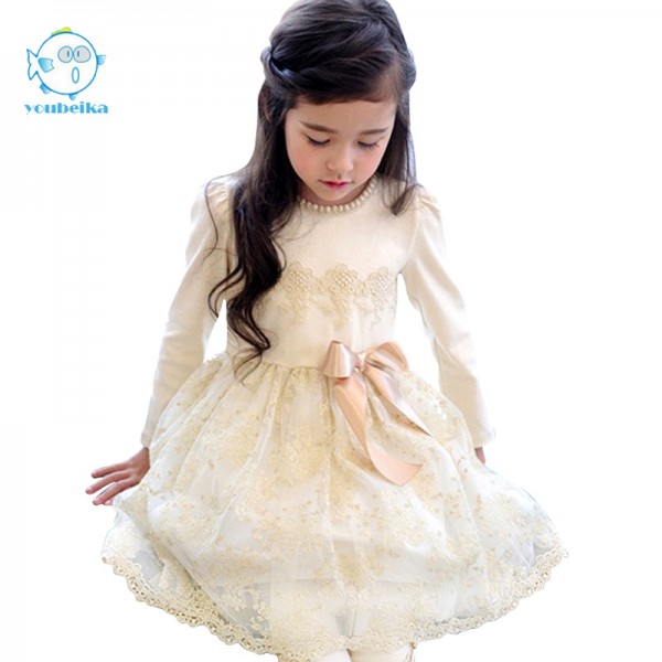 2017 New Spring Korean Style Girls Dress Cute Pears BowKnot Lace Longsleeves Princess Dress For Wedding And Party Kids Clothing 