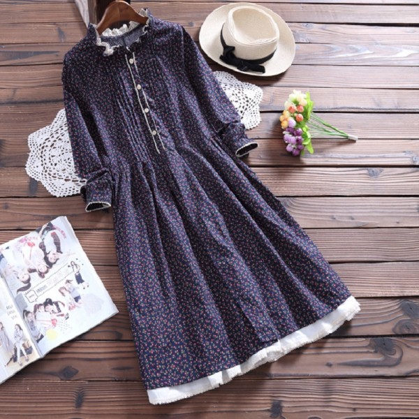 2017 New Spring Mori Girl Women Dress Ruffled Collar Floral Print Full Sleeve Vestidos Cotton And Linen Casual Loose Dress S-XL