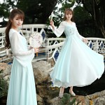 2017 New Spring Summer Vintage Women dress Flare Sleeve Slim Embroidery Color Matching Long Hanfu Dresses Turquoise 8065