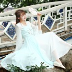 2017 New Spring Summer Vintage Women dress Flare Sleeve Slim Embroidery Color Matching Long Hanfu Dresses Turquoise 8065