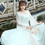 2017 New Spring Summer Vintage Women dress Flare Sleeve Slim Embroidery Color Matching Long Hanfu Dresses Turquoise 8065