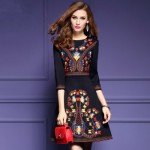 2017 New Spring Three Quarter Sleeve Slim O-neck Dress Women Casual A-line Embroidered Flowers Plus Size Vintage Dress Vestidos