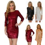 2017 New Style Summer Dress Women O Neck Long Sleeve paillette Sequins Backless Bodycon Slim Pencil Party Dresses