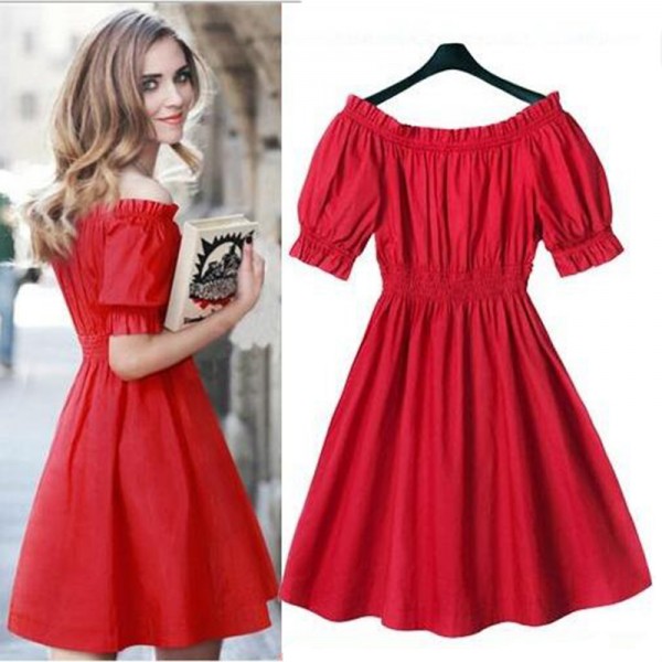 2017 New Summer Dress lovely Princess Dress Off The Shoulder Red Sexy Party Dresses Puff Sleeve Robe Casual Vestidos Women Dress