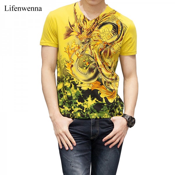 2017 New Summer Men's Short Sleeve T Shirt Chinese Style Dragon Print Mens T Shirt High Quality Mens Casual Cotton Top Tee Shirt