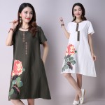 2017 New Summer Retro Short Sleeved Loose Cotton Printed Dress Casual A-line O-neck Fashion Women Clothing Green