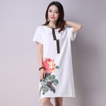 2017 New Summer Retro Short Sleeved Loose Cotton Printed Dress Casual A-line O-neck Fashion Women Clothing Green