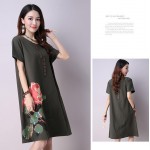 2017 New Summer Retro Short Sleeved Loose Cotton Printed Dress Casual A-line O-neck Fashion Women Clothing Green