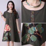 2017 New Summer Retro Short Sleeved Loose Cotton Printed Dress Casual A-line O-neck Fashion Women Clothing Green
