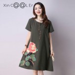 2017 New Summer Retro Short Sleeved Loose Cotton Printed Dress Casual A-line O-neck Fashion Women Clothing Green