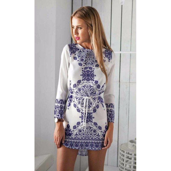 2017 New Summer Women Dress Plus Size Long Sleeve Print Tunic Ladies Casual Dresses White O-neck Vintage Dress Female Vestidos 