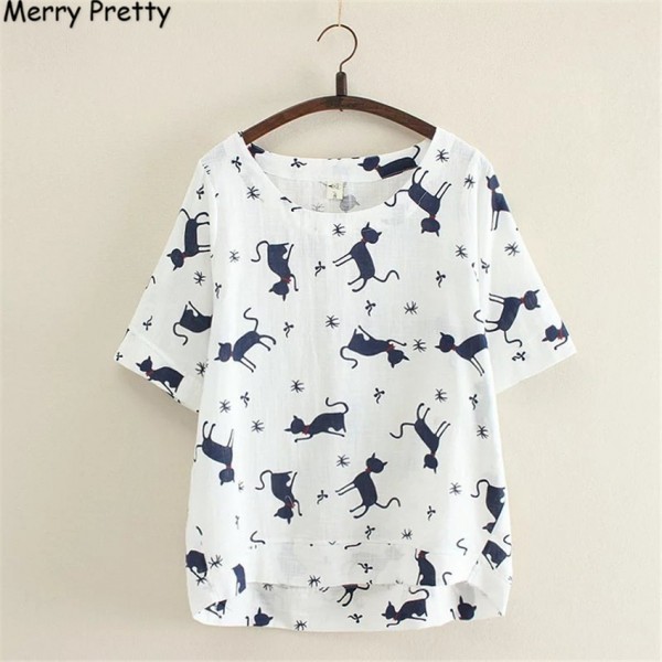 2017 New White Cotton Linen T-shirt Fashion Summer Animal Cat Print Shirt O-Neck Short Sleeve T Shirt Women Tops Cartoon Tees