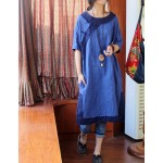 2017 New Women Original Design High-end Pure Linen Fabric Edges Hit Color Handmade Buttons Half Sleeve Side Slits Leisure Dress