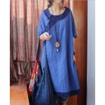 2017 New Women Original Design High-end Pure Linen Fabric Edges Hit Color Handmade Buttons Half Sleeve Side Slits Leisure Dress