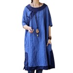 2017 New Women Original Design High-end Pure Linen Fabric Edges Hit Color Handmade Buttons Half Sleeve Side Slits Leisure Dress