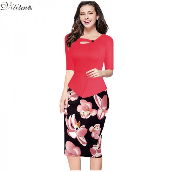 2017 New Womens Vintage Elegant Clothing Print Floral Solid Patchwork Button Casual Work Bodycon Summer office Party Dress