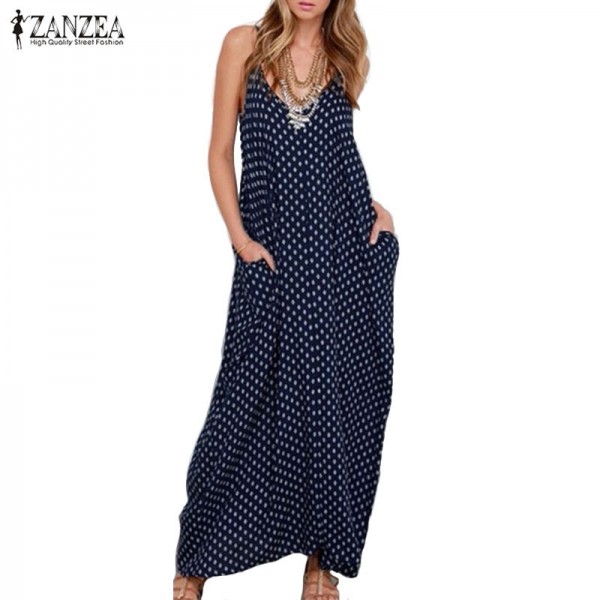 2017 New ZANZEA  Summer Dress Fashion Women Dress Strapless Polka Dot Loose Beach Long Maxi Dress Vintage Vestidos Plus Size