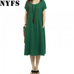 2017 New summer dress loose plus size Vintage Style Cotton Linen Fold women Dress Vestidos Robe