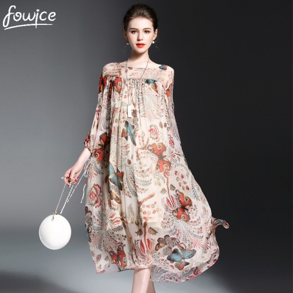 2017 Newest Bohemian Style Printing Women Spring Loose Silk L Dress Fashion Slash Neck Vertical Fold Patchwork Female Dress 