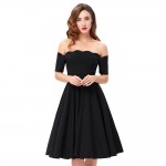 2017 Off The Shoulder Black Women Dress 50s Casual Big Swing Vintage Short Sleeve Summer Party Vestidos Robes Rockabilly Dresses