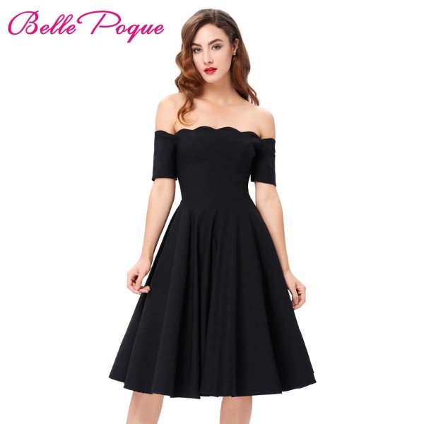 2017 Off The Shoulder Black Women Dress 50s Casual Big Swing Vintage Short Sleeve Summer Party Vestidos Robes Rockabilly Dresses