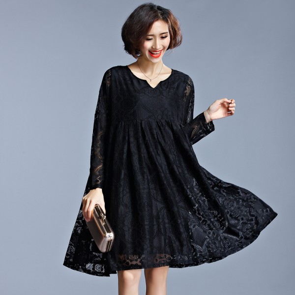 2017 Plus Large Size Loose Dresses Women's Fashion Hollow Out Black Lace Raglan Sleeve Women Mini Lace Dress Female clothing