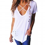 2017 Plus Size Summer Blusas Women V-Neck Short Sleeve T-Shirts Solid Cotton T Shirts Sexy Holes Loose Women Top Basic Tee GV542