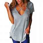 2017 Plus Size Summer Blusas Women V-Neck Short Sleeve T-Shirts Solid Cotton T Shirts Sexy Holes Loose Women Top Basic Tee GV542