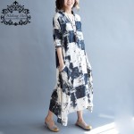 2017 Plus Size Women Dress Linen Long Cardigan Blouse Summer Vintage O-Neck Pattern Print Female Big Size Casual Elegant Dresses