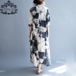 2017 Plus Size Women Dress Linen Long Cardigan Blouse Summer Vintage O-Neck Pattern Print Female Big Size Casual Elegant Dresses