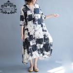 2017 Plus Size Women Dress Linen Long Cardigan Blouse Summer Vintage O-Neck Pattern Print Female Big Size Casual Elegant Dresses