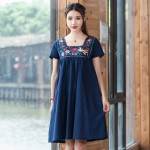 2017 Plus size women clothing female ethnic vintage boho square collar short sleeve embroidery dress Mexico style cotton gown