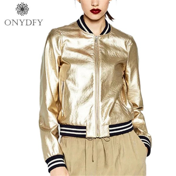 2017 Runway Brand Designer Sliver Gold Bomber Jacket Women Basic Coats Striped Casual Jackets Outwear Jaqueta Feminina