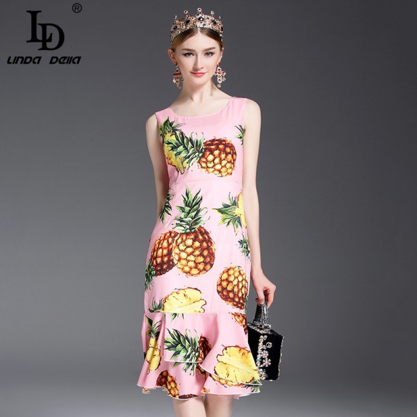2017 Runway Designer Summer Dress Women's Sleeveless Vest fruit Pineapple Printed Ruffles Sheath Cute Mermaid Dress Bodycon