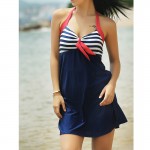 2017 SexeMara Tankini Bikini Newest Sexy Stripe Padded Halter Skirt Swimwear Women One Piece Swimsuit  Dress Plus Size