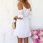 2017 Sexy Lace Chiffon Hollow Out Spaghetti Strap Female Mini Beach Dress Off Shoulder White Solid Color Women Short dress