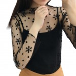 2017 Sexy T Shirt Women Sheer Mesh Bodycon Top Thin Lace Long Sleeves Pullover Elegant Black
