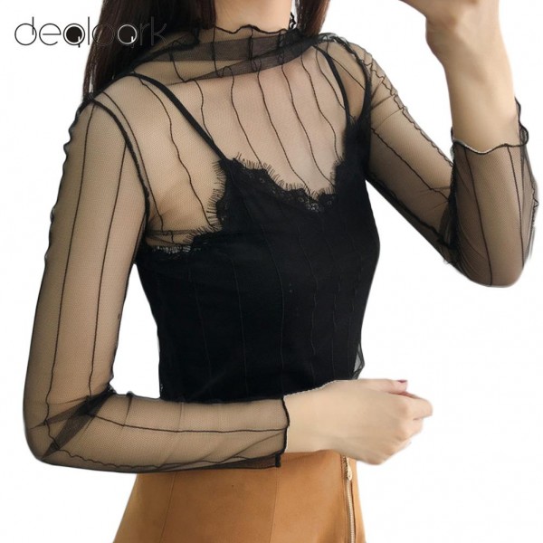 2017 Sexy T Shirt Women Sheer Mesh Bodycon Top Thin Lace Long Sleeves Pullover Elegant Black