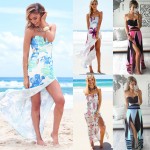 2017 Sexy Women Strapless Maxi Dress Floral Print Color Block Tube Dress Backless Split Slim Beach Long Dress Robe Longue Femme