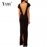 2017 Sexy deep V neck backless long Dresses women short sleeve split bodycon Evening Party Vestidos Black sheath club Dress