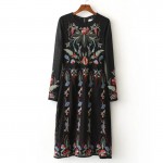 2017 Spring  Evening Party Women Floral Embroidery Dresses O Neck Long Sleeve Black Sundress Brand vestidos Maxi Dress BBWM16178