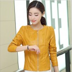 2017 Spring Autumn Short Design Slim Collarless PU Leather Jacket Women Faux Leather Motorcycle Coat Female Outerwear