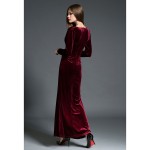 2017 Spring Evening Party Dresses Red Velvet Dress Women Vintage Sexy High Split Long Maxi Dresses Runway Vestido Longo