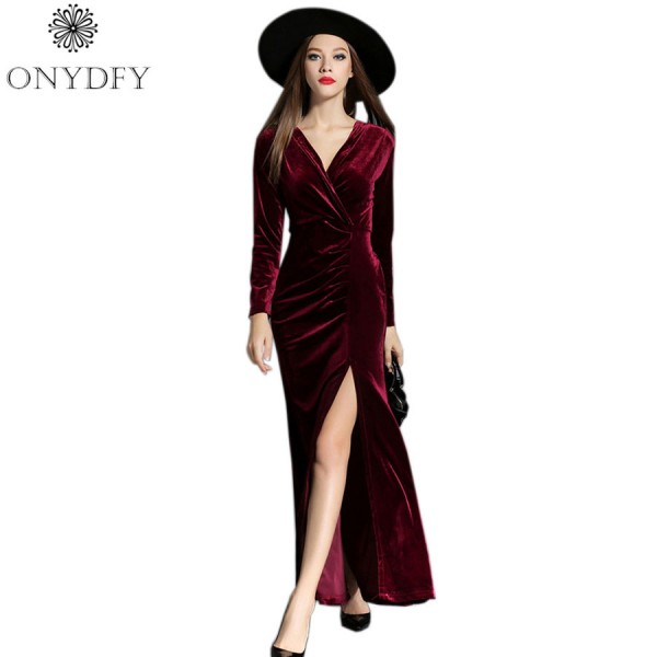 2017 Spring Evening Party Dresses Red Velvet Dress Women Vintage Sexy High Split Long Maxi Dresses Runway Vestido Longo