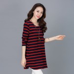 2017 Spring Korean Style Women Clothing Casual Loose Long sleeve Striped Pockets Plus size Thick Basic Long Tee T-shirt Tops
